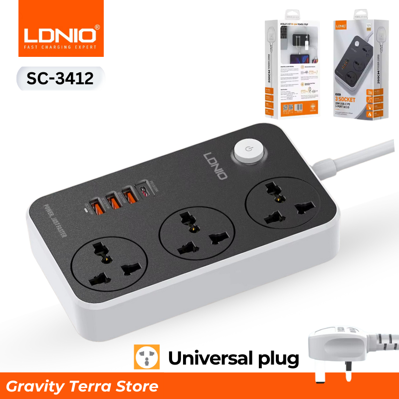 LDNIO SC3412 Universal 3 Way Outlet Extension Socket with USB Ports 2M ...