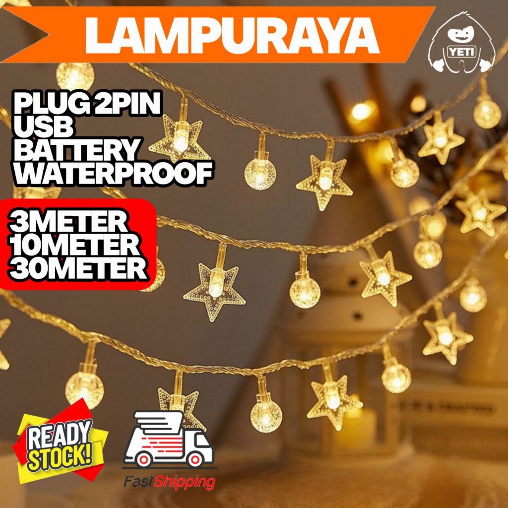 Lampu Raya Kelip-Kelip LED Bulan & Bintang Kalis Air 3M/10M/30M ...