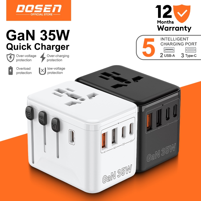 DOSEN Universal Adapter Travel International 35W USB C Adapter Fast Charger QC 3.0 Charger Type C Plug