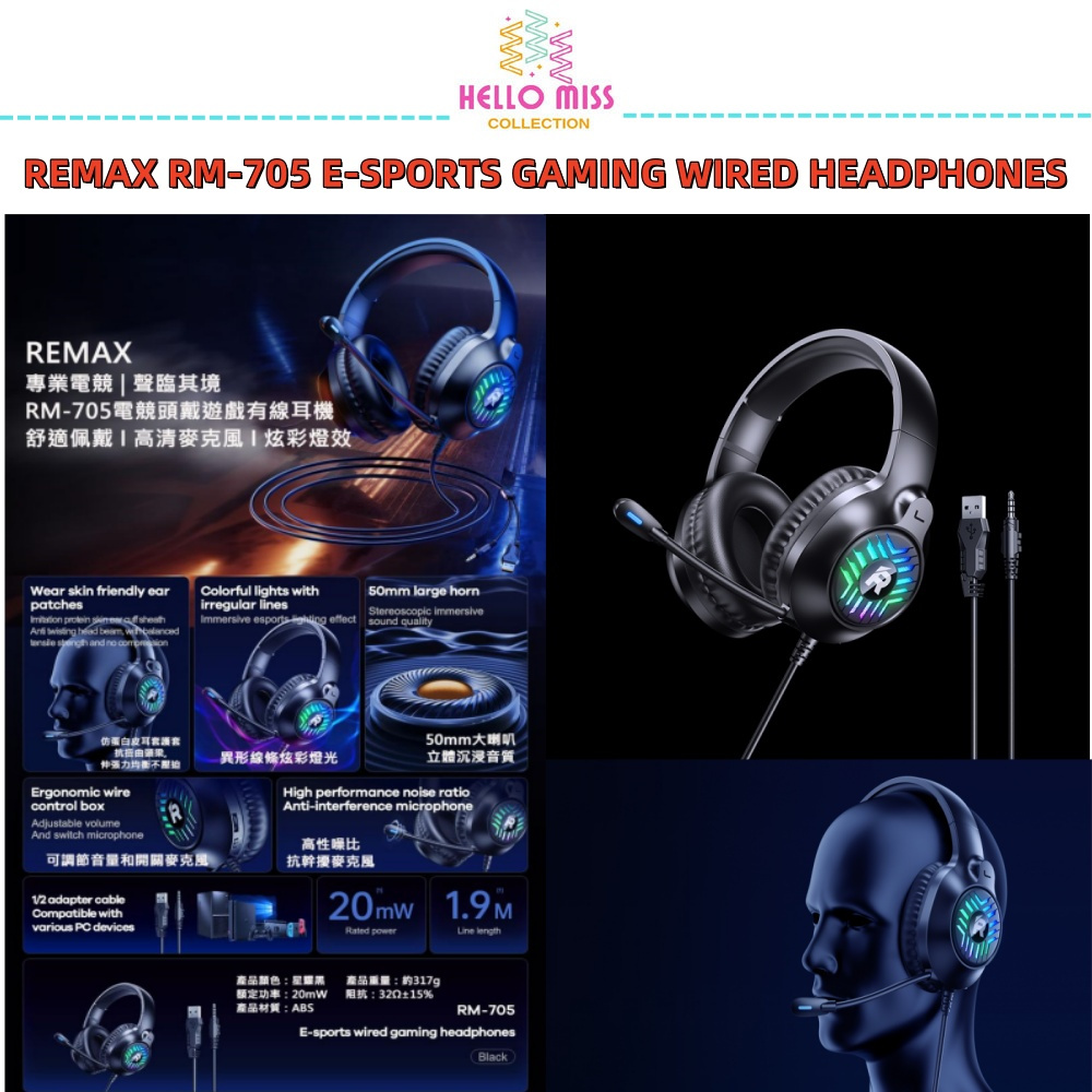 REMAX RM-705 WIRED GAMING HEADSET HEADPHONES | Shopee Malaysia