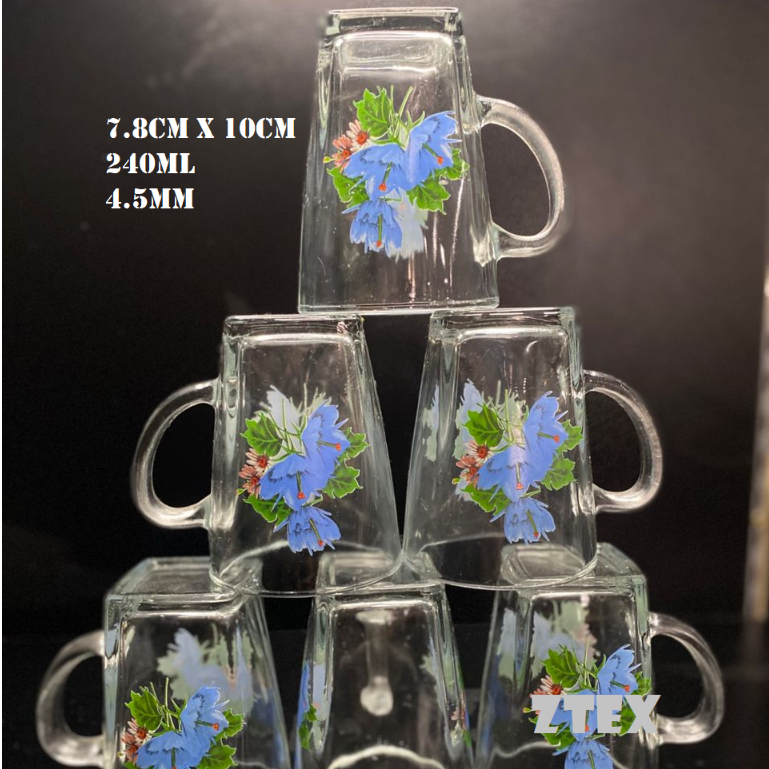 [READY STOCK] 6 Pcs Glass Cups Floral Design/light blue green/Cawan ...