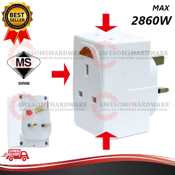 LSFE 7377N 2860W 13A 3 WAY ADAPTOR PLUG WITH NEON LIGHT INDICATOR THREE ...