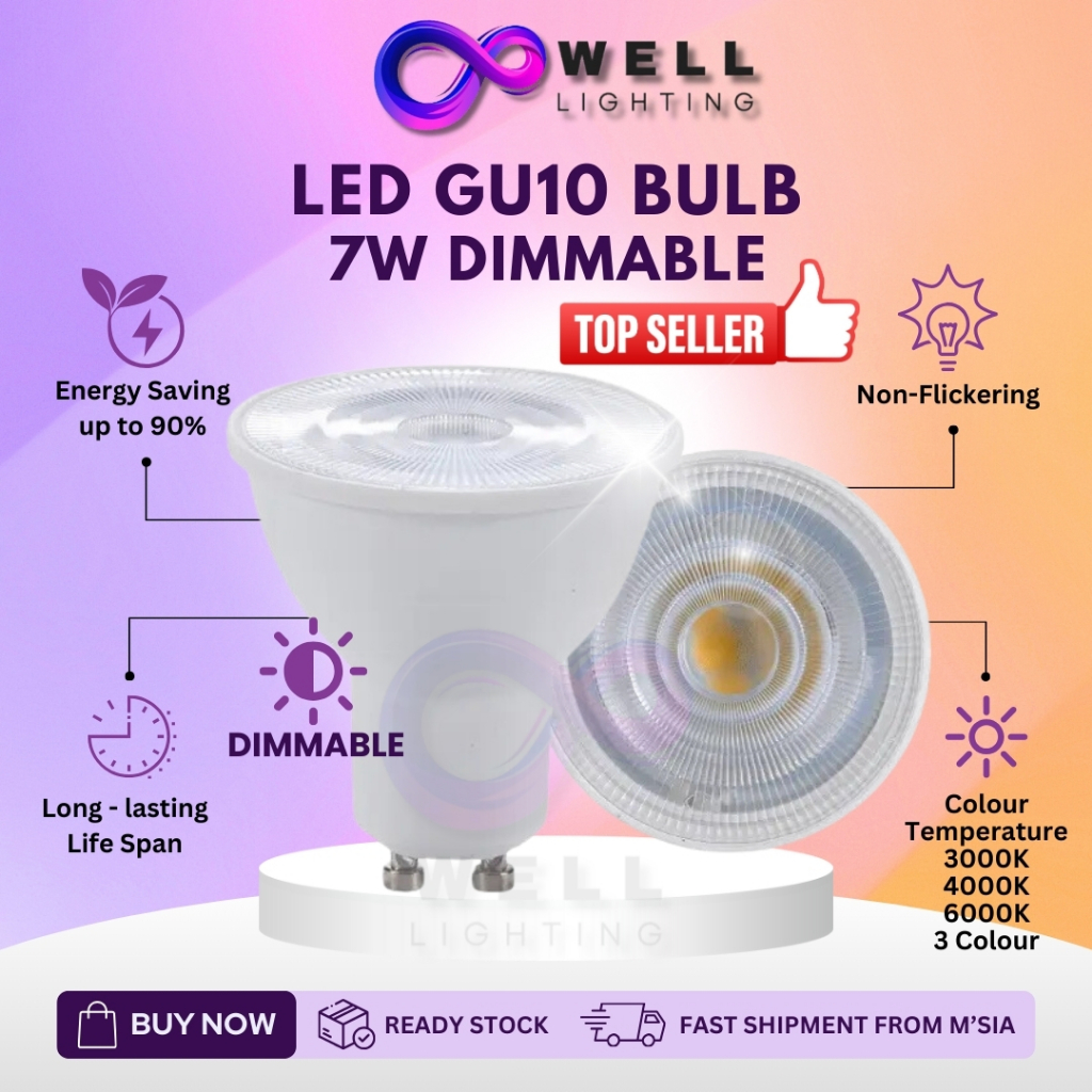Mentol LED GU10 3 Warna Dimmable GU10 LED Bulb 7W Lampu Spotlight ...