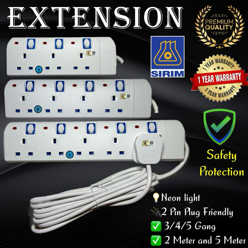SIRIM Extension Trailing socket with 13A Plug Top 3/4/5 gang with ...