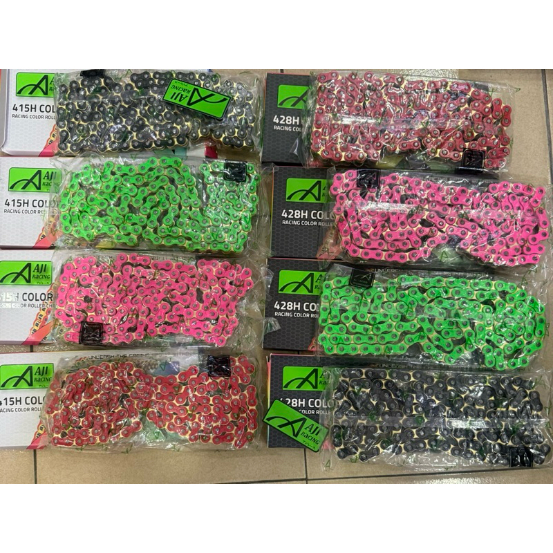 AJI RACING 415 428 132L 2 TONE COLOUR DRIVE CHAIN -BLACK/ GREEN / PINK ...