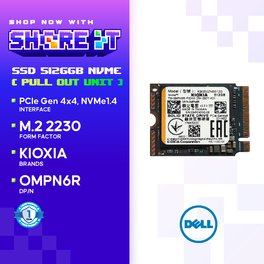 DELL 512GB NVMe M.2 2230 SSD Solid State Drive KIOXIA P/N: MPN6R w