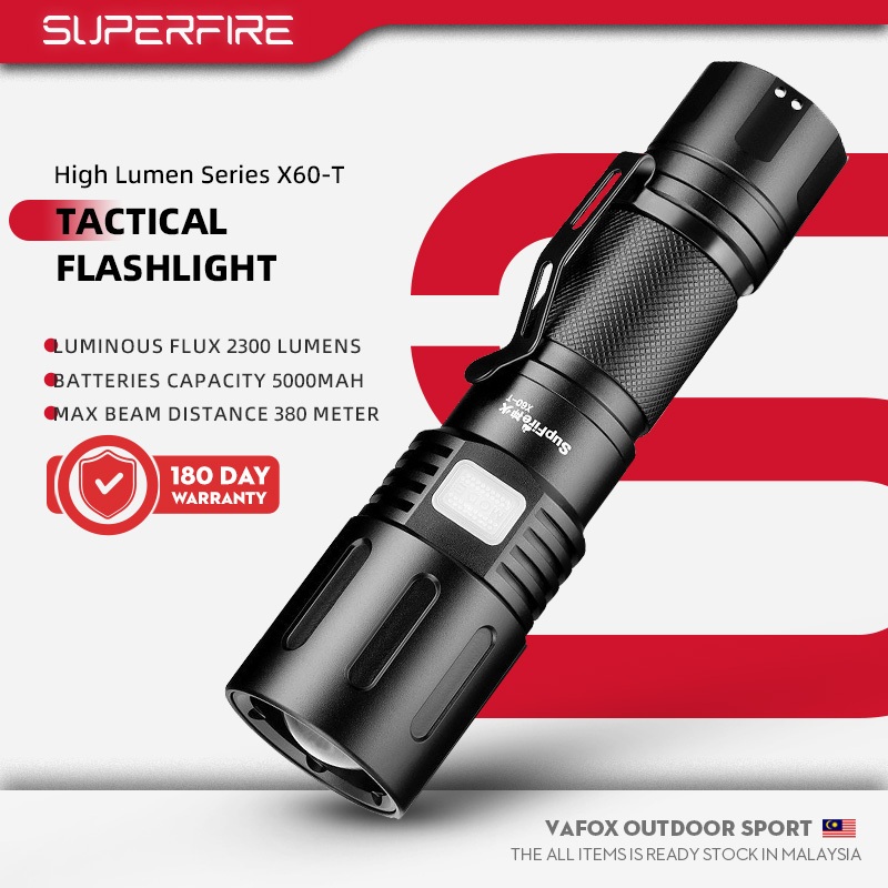 SUPERFIRE X60-T 2300LM Zoomable Rechargeable Torch Light 5 Modes & Clip ...