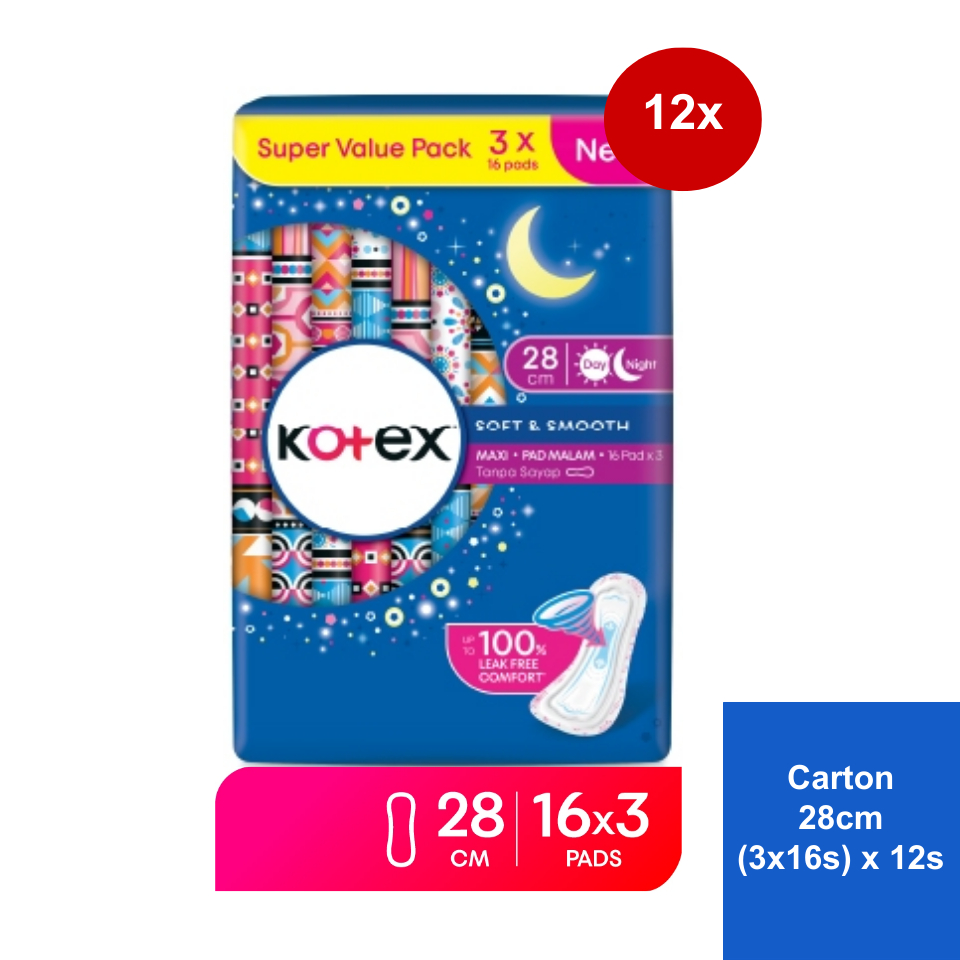 [Carton of 12] Kotex Soft & Smooth Overnight Non-Wing Pad (28cm/16's x ...