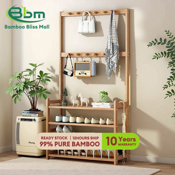 Bamboo Shoe Rack With Hangable Clothes Organizer Shoe Rack 4/5 Layers ...