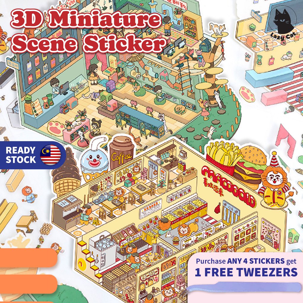 Lazy Cat 3D Miniature Scenes Sticker DIY Cute Cartoon Journal Korean ...