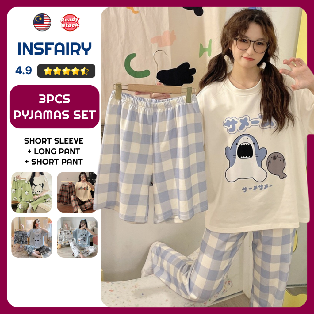 INSFAIRY 3PCS Set Baju Tidur Perempuan Short Sleeve Long Pant Short ...