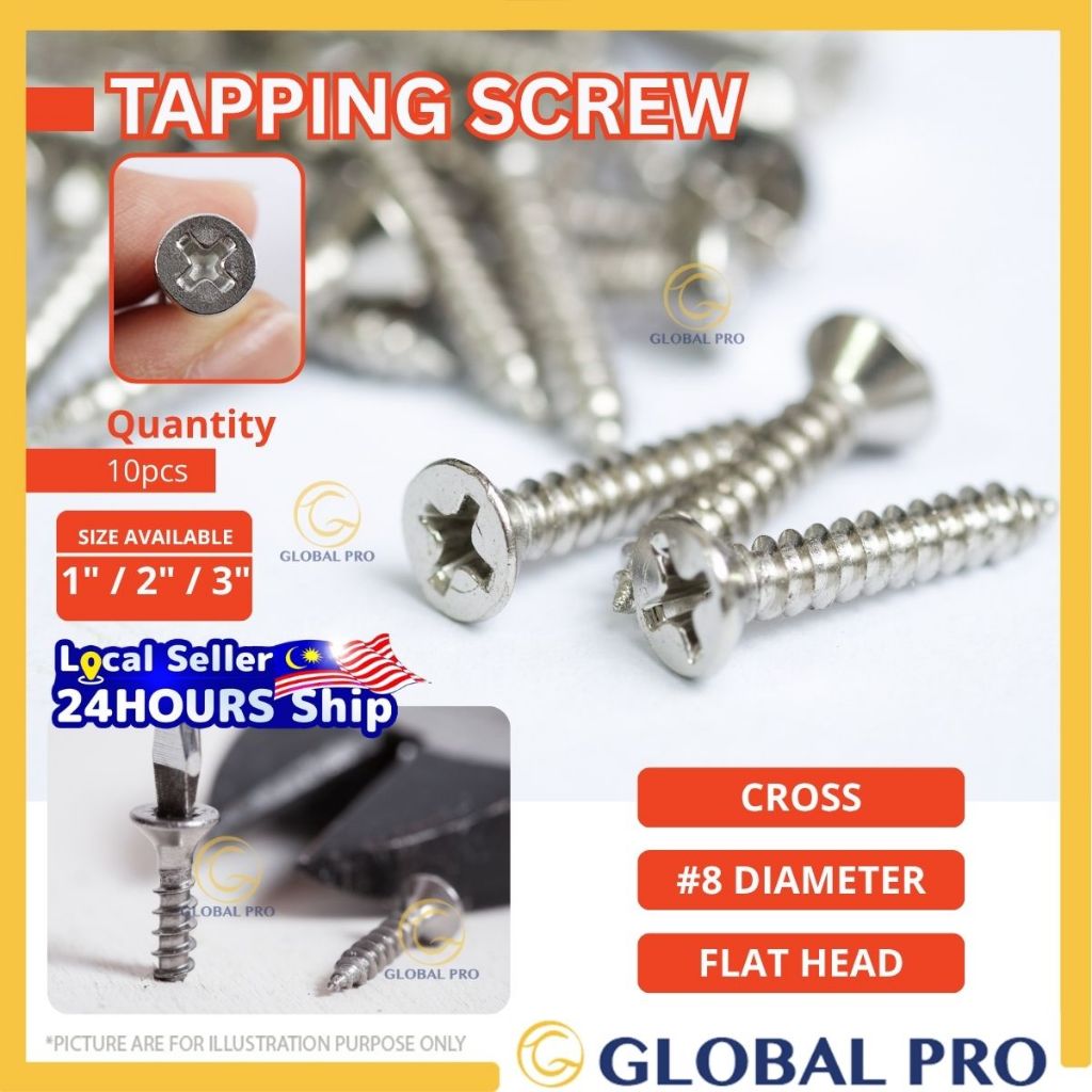 [10PCS] #8 Tapping Screw Skru Kayu Screw Flat Head Paku Kepala Rata ...