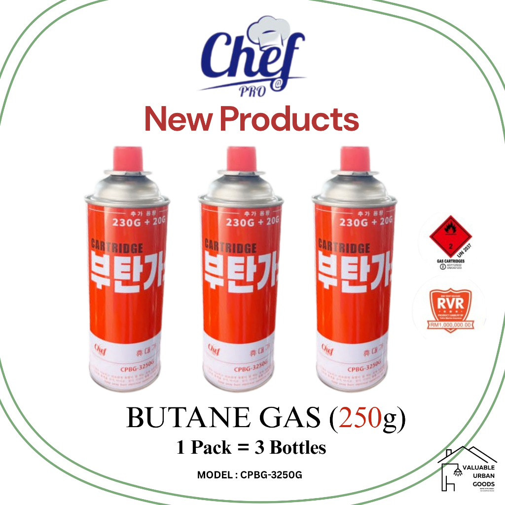 3 bottle 250g Chef Pro Butane Gas Cartridge 230G (+Extra 20G) Gas Stove ...