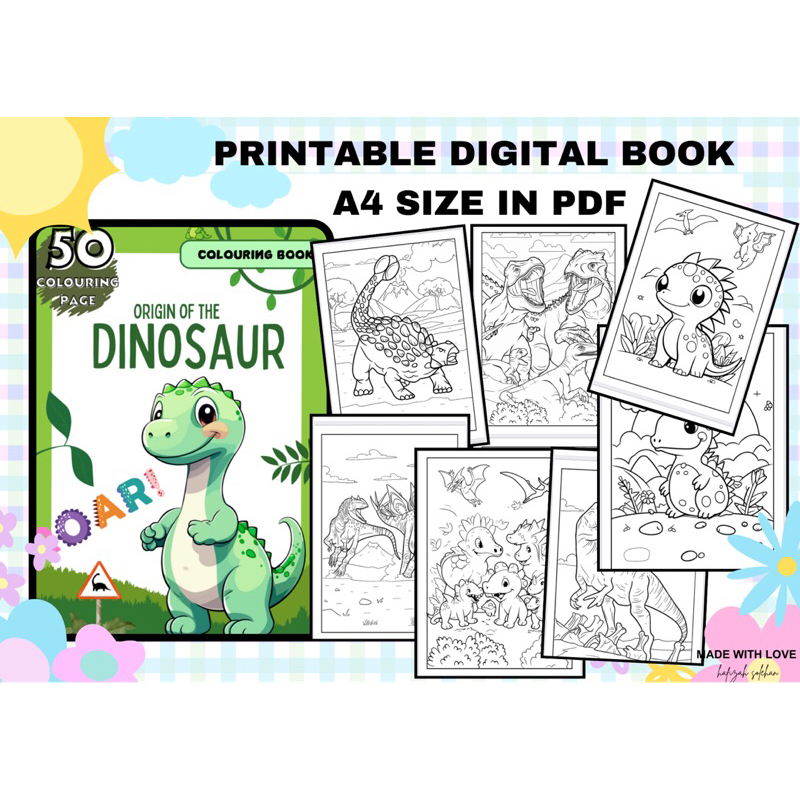 50 CUTE DINOSAUR PRINTABLE A4 SIZE DIGITAL COLOURING BOOK PDF FILE FOR