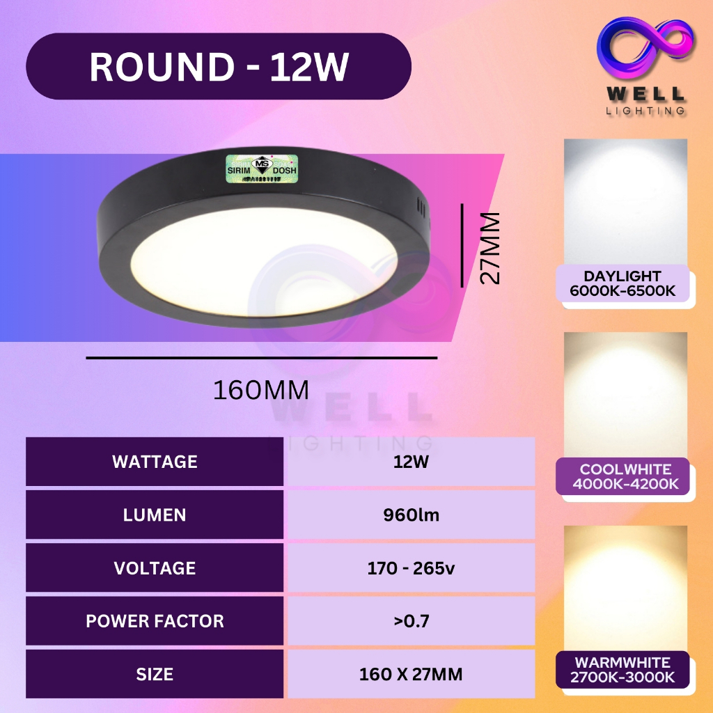 ( SIRIM ) Lampu Siling LED Downlight Ruang Tamu Surface Downlight 12W ...