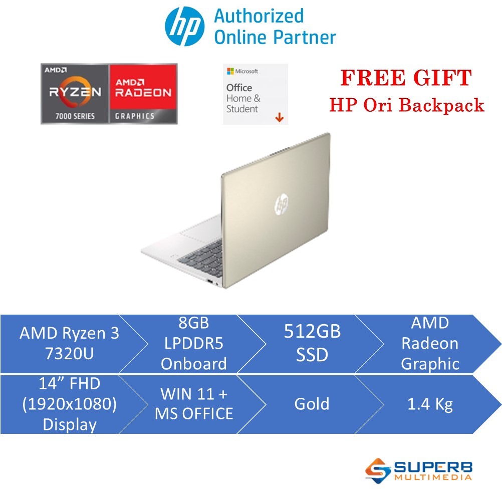 HP Laptop 14-em0046au gold(AMD R3 7320U, 8gb ram on board, 512gb ssd ...