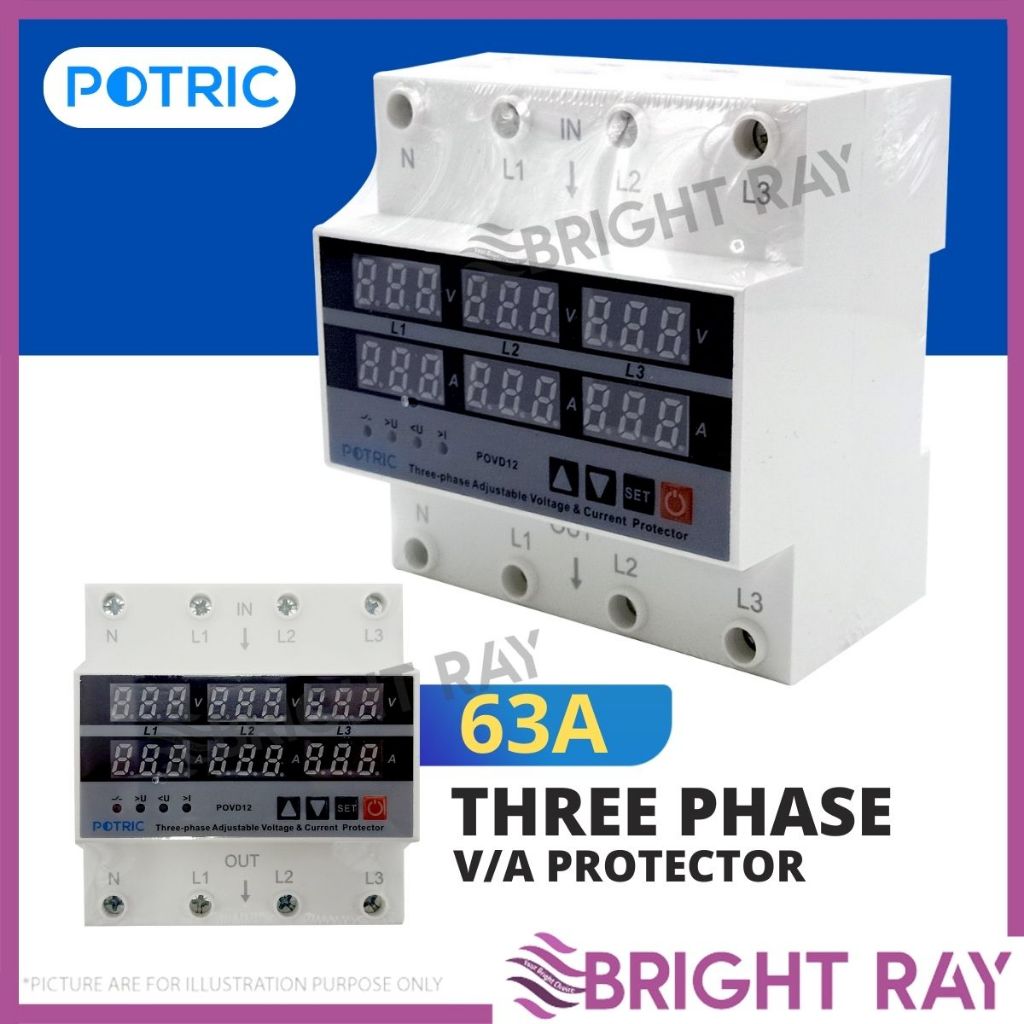 POTRIC 63A Three Phase Adjustable V/A Protector 13.9kW AC Power Load ...