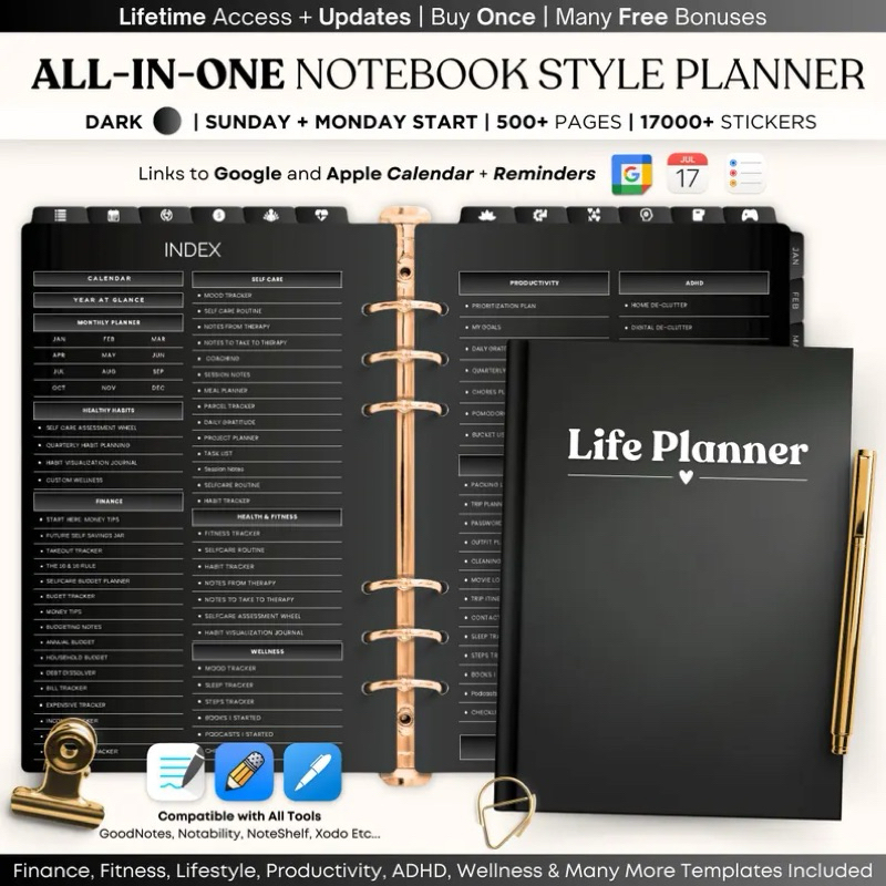 All-in-One Dark Mode Digital Planner 2024-2026 – Undated GoodNotes ...