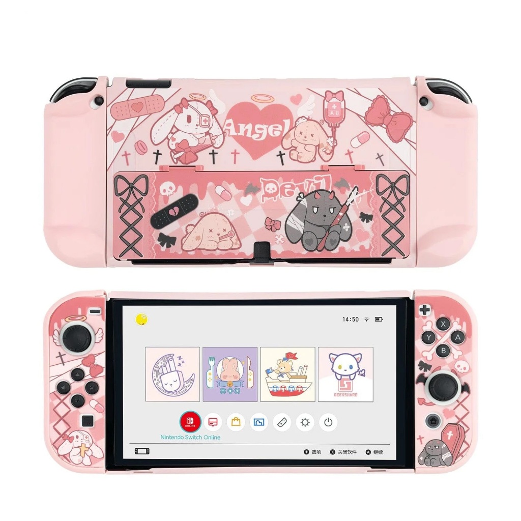 Custodia GeekShare Per Nintendo Switch/Oled Gialla, Motivo JOJO CAT, Con Tracolla
