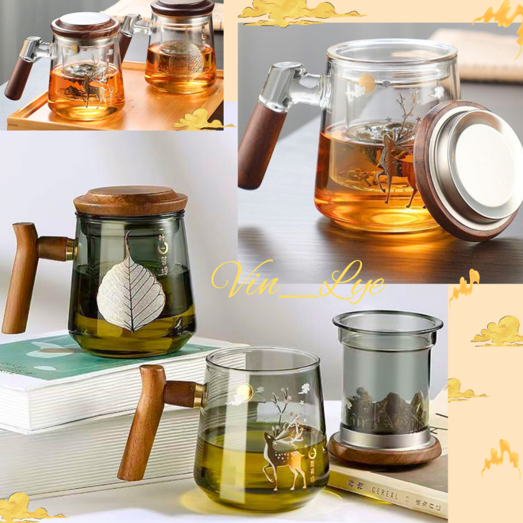 Cawan Teh Kaca Premium penutup kayu & pemegang & penapis dalaman ...