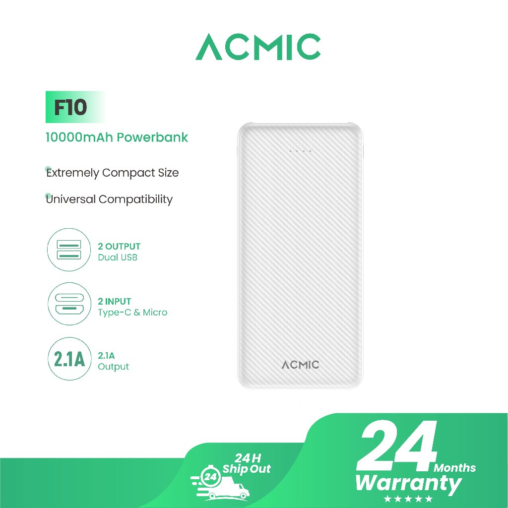 ACMIC F10 Powerbank 10000mAh 10-12W USB Outputs Type-C Input Only