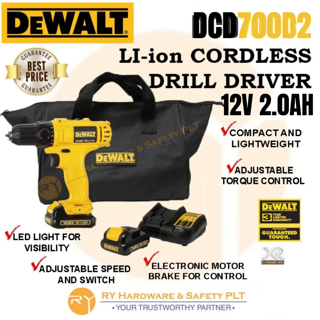 DEWALT DCD700D2 - XR 12V 10MM XR Li-ion Compact Cordless Drill Driver ...