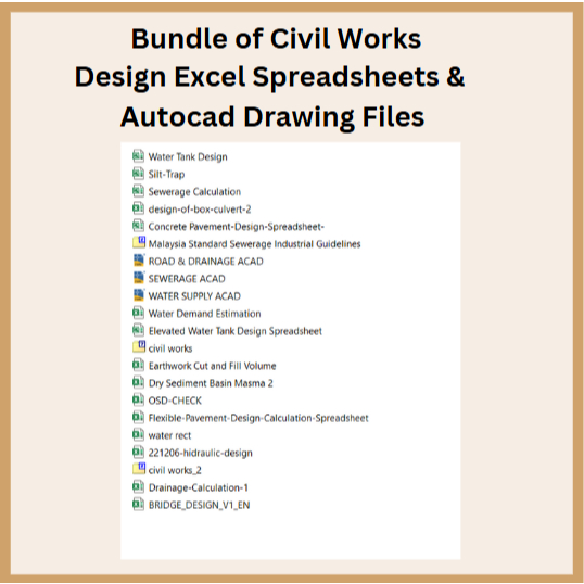 Bundle of Civil Works Design Excel Spreadsheets & Autocad Drawing Files ...