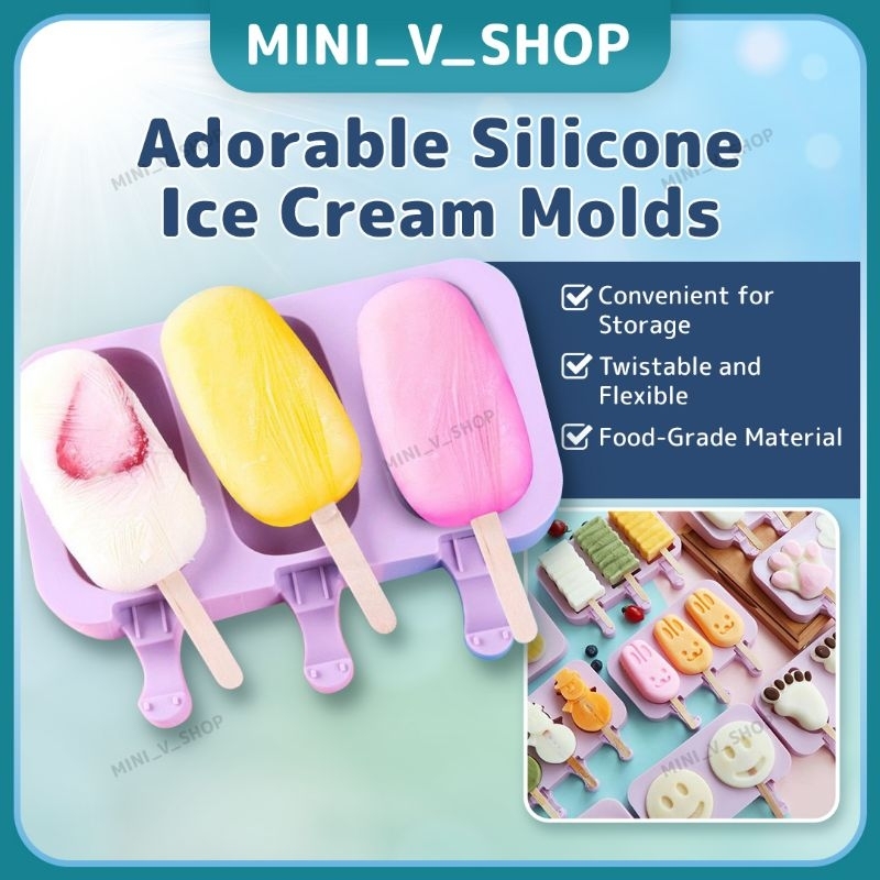 Cute Ice Cream Mold Cuties Silicon Making (Mold with Lid &50pcs stick ...
