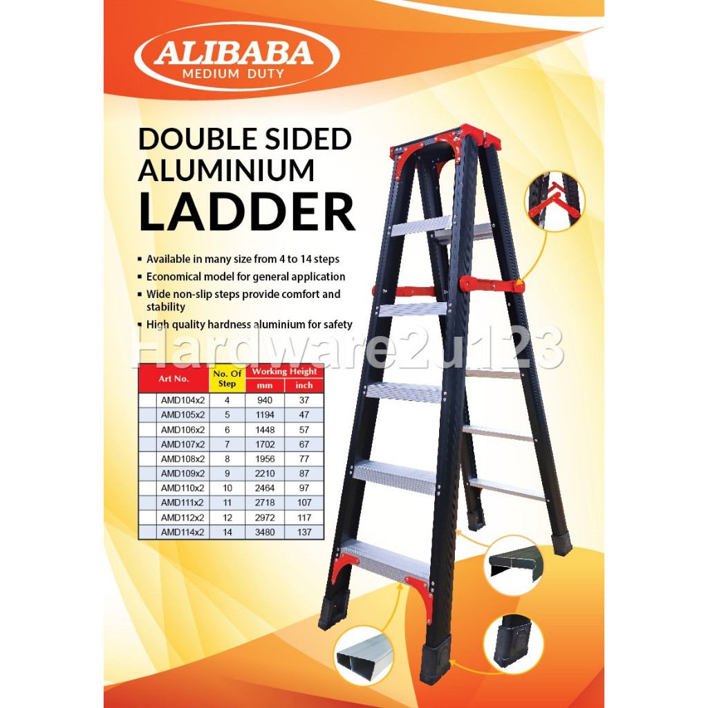 ALIBABA Double Sided Aluminium Ladder 4/5/6/7/8/9/10/11/12 Steps High ...