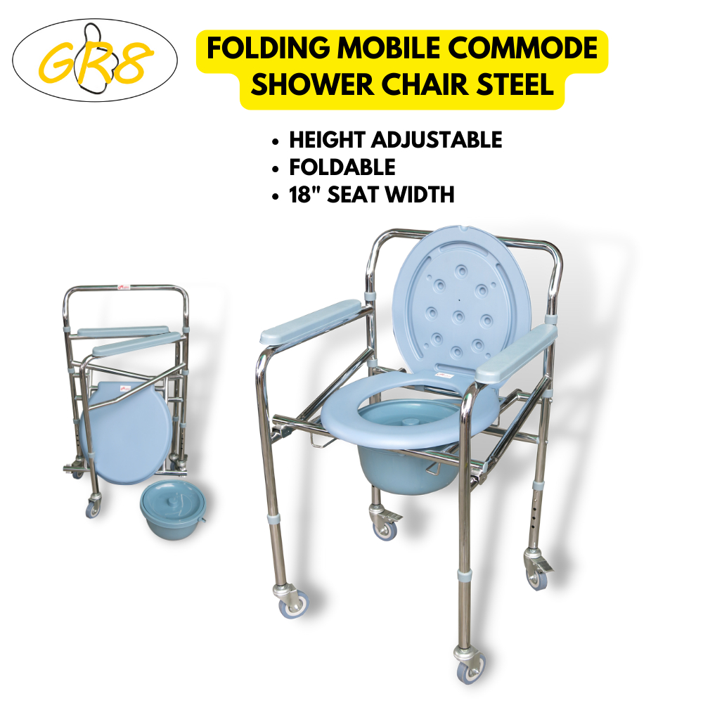 FOLDING MOBILE COMMODE SHOWER CHAIR STEEL KERUSI MOBIL COMMODE KELULI ...