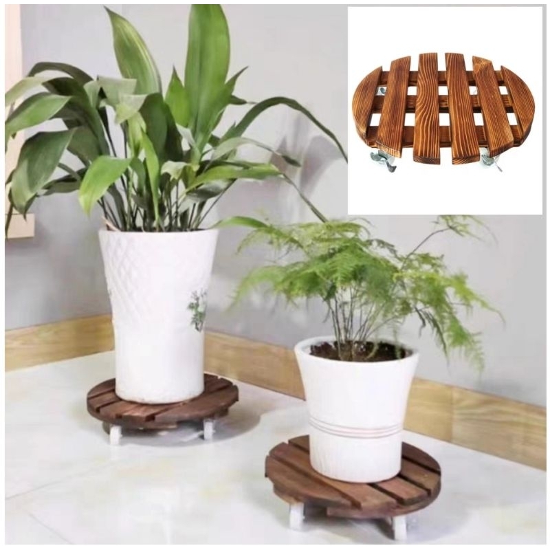 Carbonized Solid Wood Round Flower Pot Removable Tray Plant Holder ...