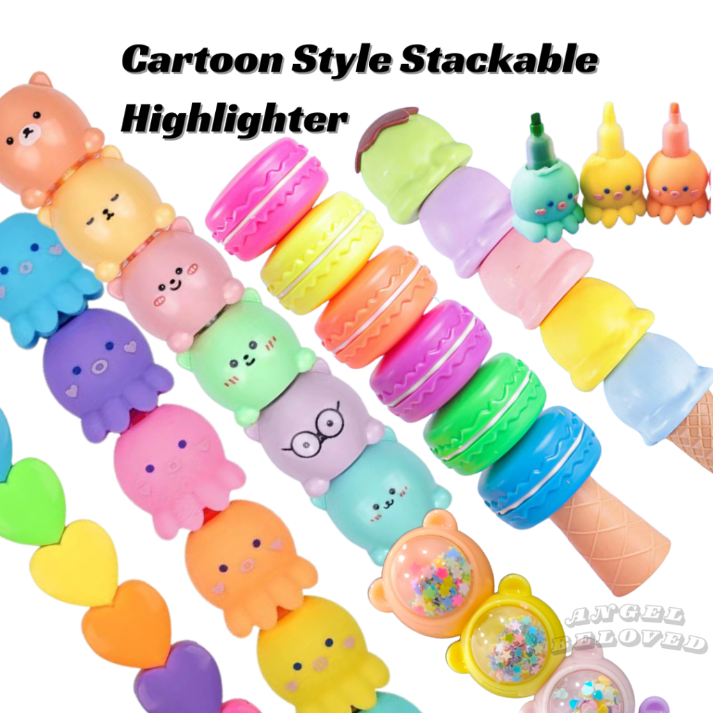 Cartoon Style Stackable Highlighter Pen 5 / 6 colour set School Office ...