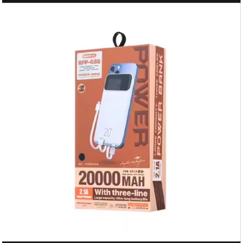 Original REMAX RPP-686 Power Bank 20000mAh Built in Three Cables Smart ...