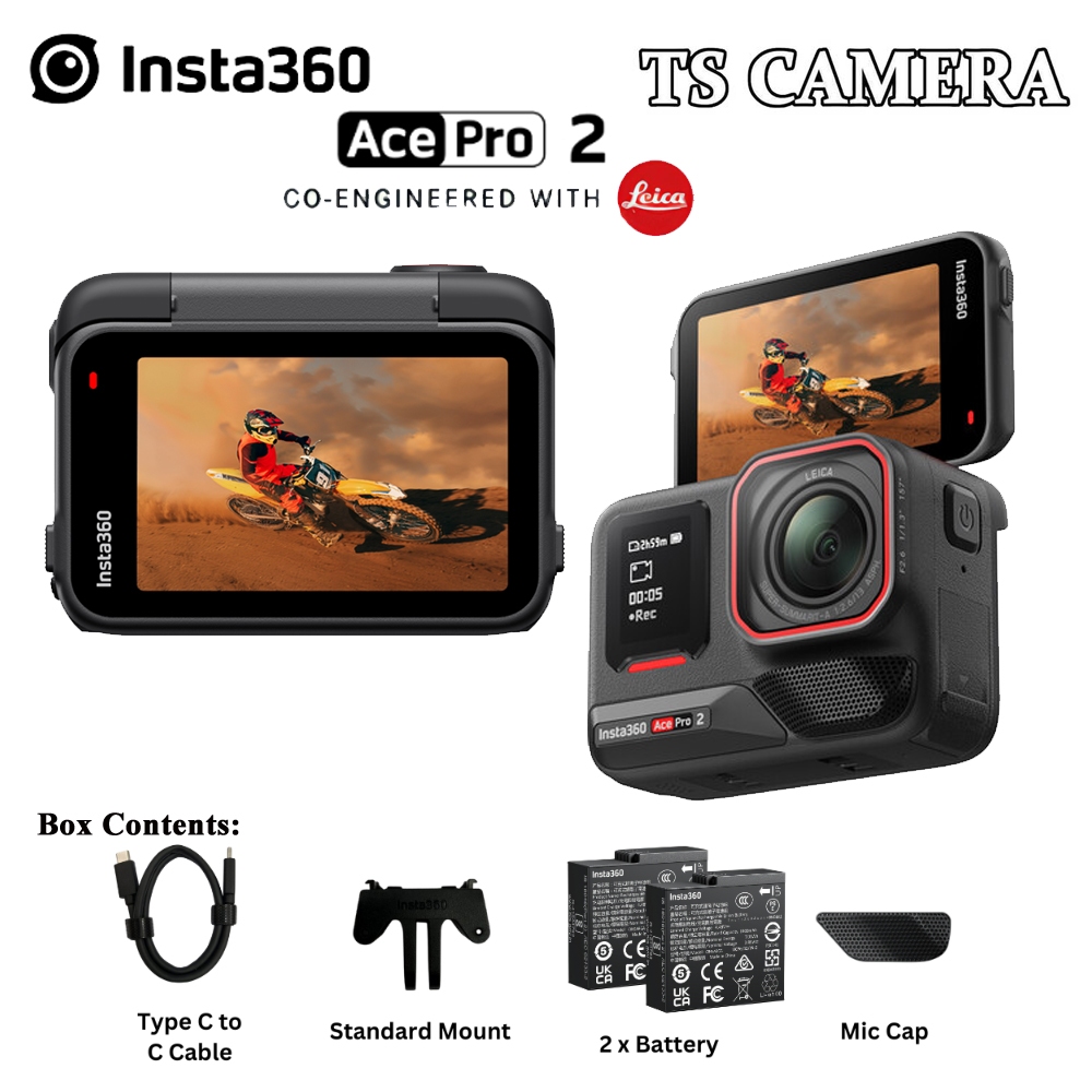 Insta360 Ace Pro 2 Action Camera Bundle With Dual Battery & 256GB Card - 8K, Leica Lens, 1/1.3" Sensor, Flip Screen