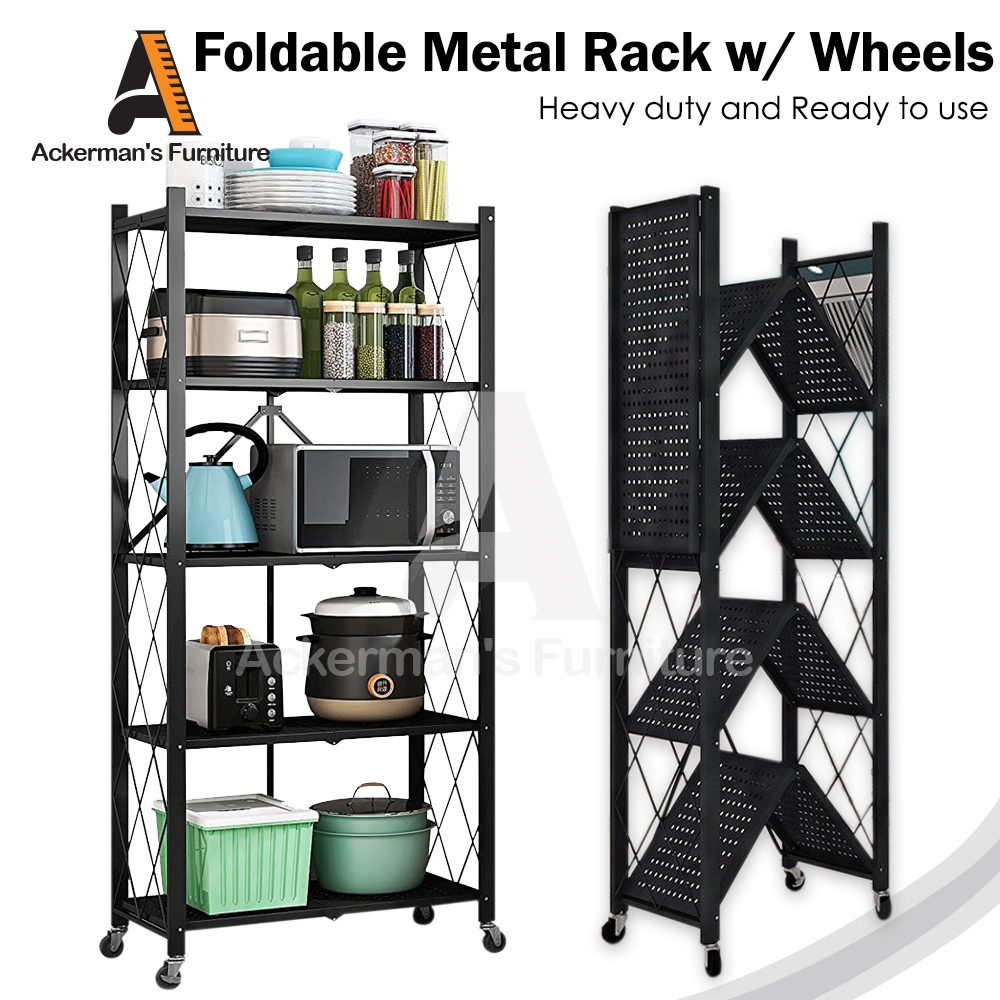 ACKERMAN 3 /4 /5 Tier Foldable Metal Shelf With Wheels Space Saving ...