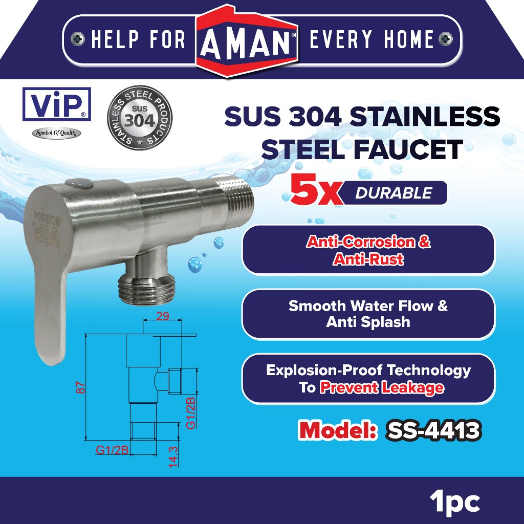 VIP SUS-304 Stainless Steel Quarter Turn One Way Angle Valve Pipe ...