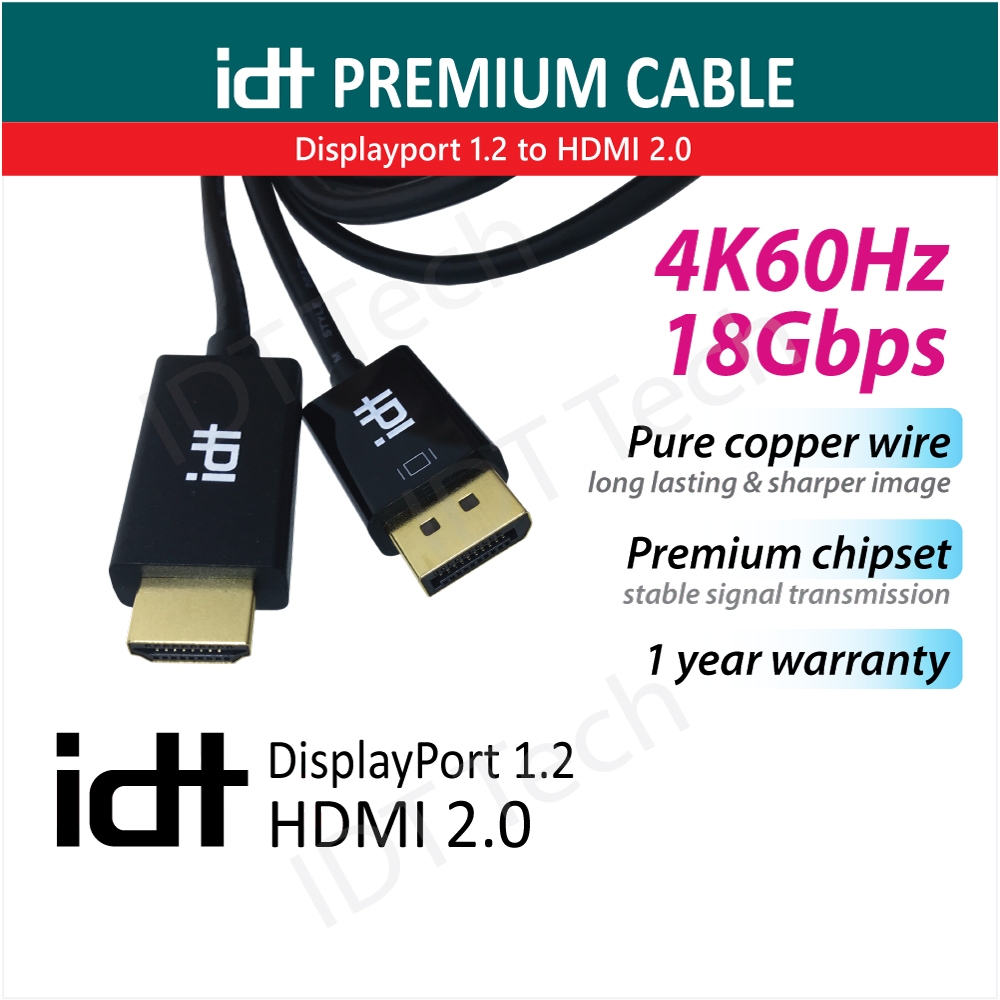 IDT Displayport 1.2 to HDMI 2.0 Cable (2M) Support 1080p (2K)@144Hz 4K ...