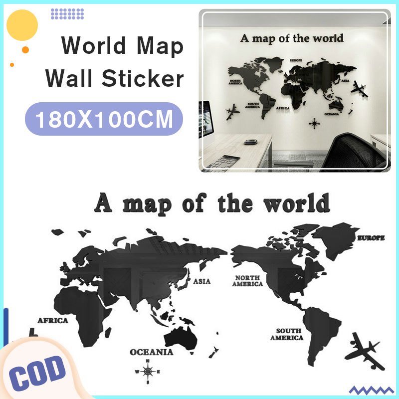 180x100cm 3D World Map Wall Stickers Decor Murals 3D Solid Crystal ...