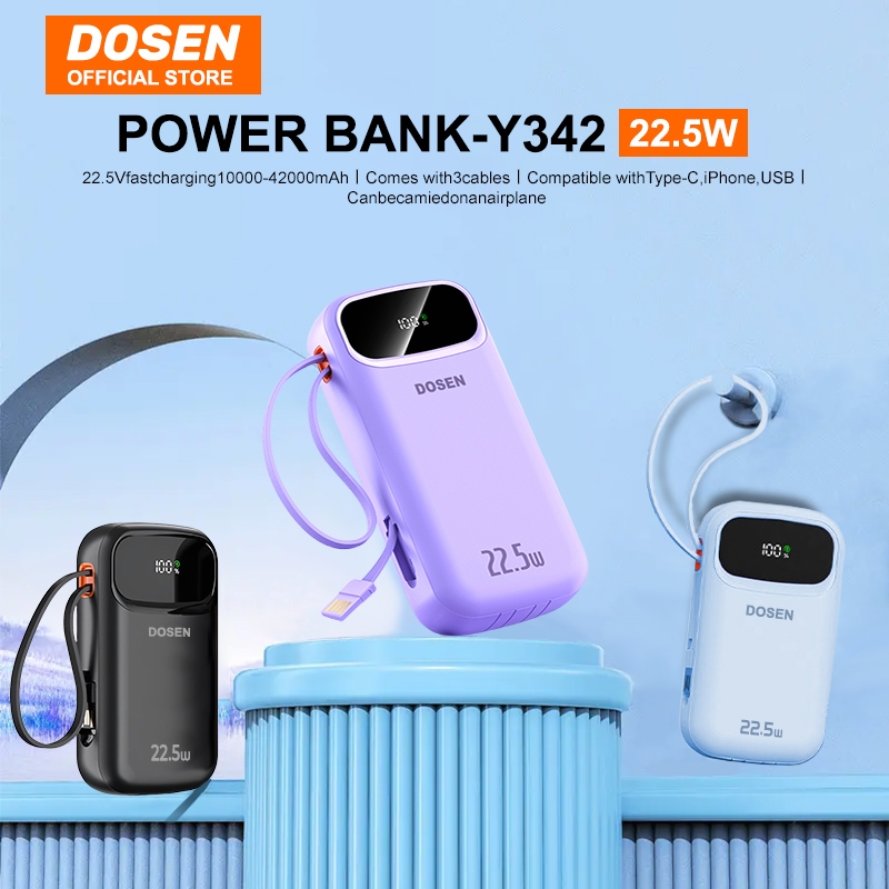 【3C Certified】DOSEN Original Powerbank fast charging PD22.5W Portable Comes with three wires 10000mAh 20000mAh 25000mAh