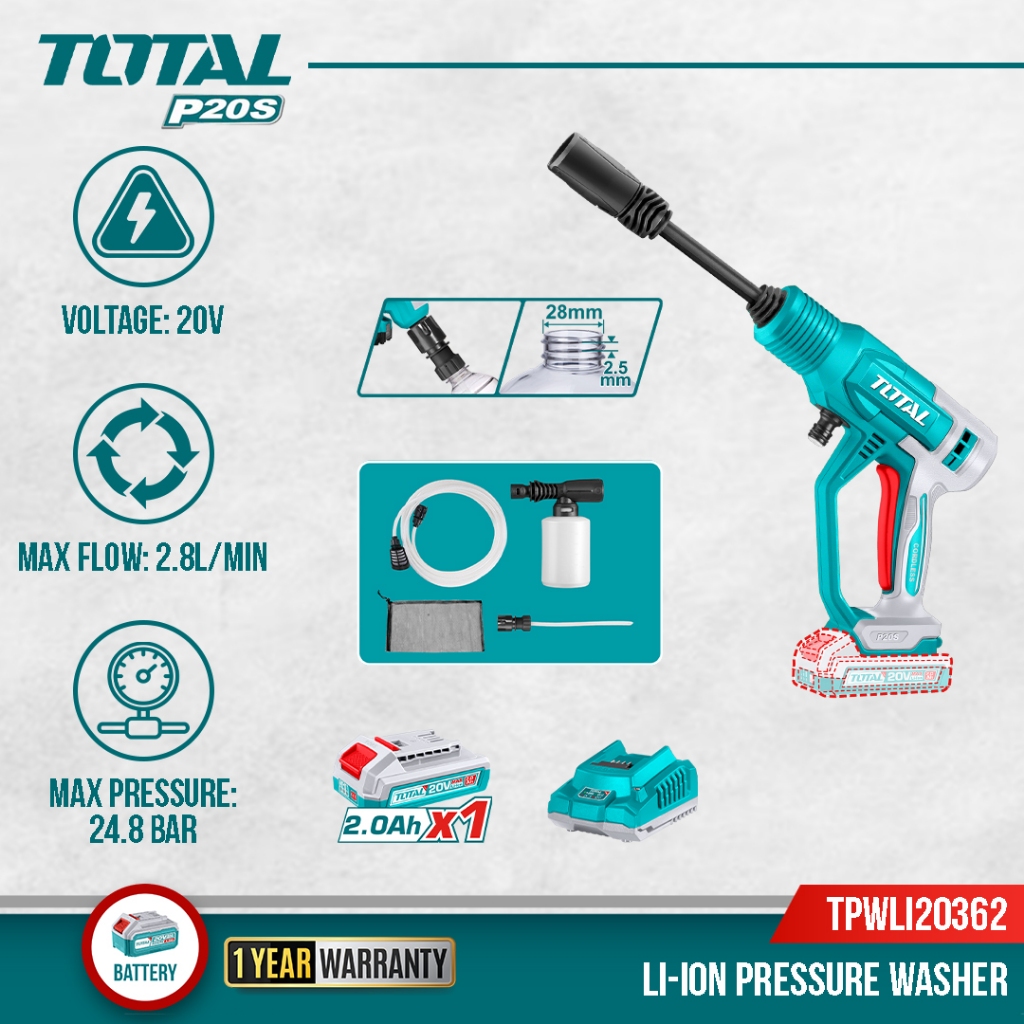 TOTAL Cordless Pressure Washer -2 Pattern Spray +Water Inlet Producer+ ...