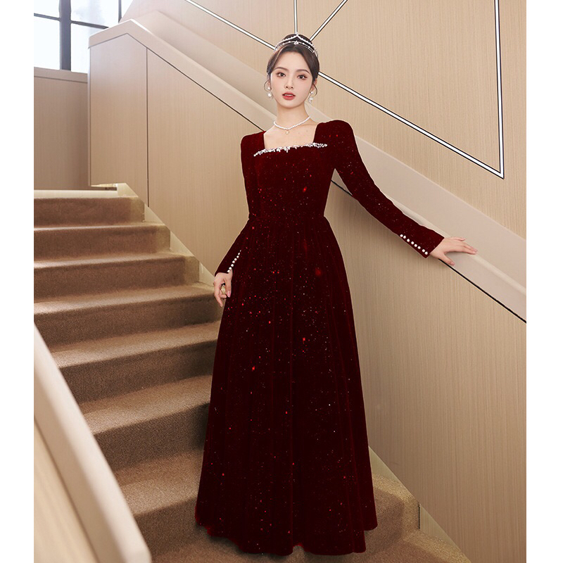 Toast dress bride new wine red velvet long sleeve high-end atmosphere  wedding engagement dress female | Shopee Malaysia