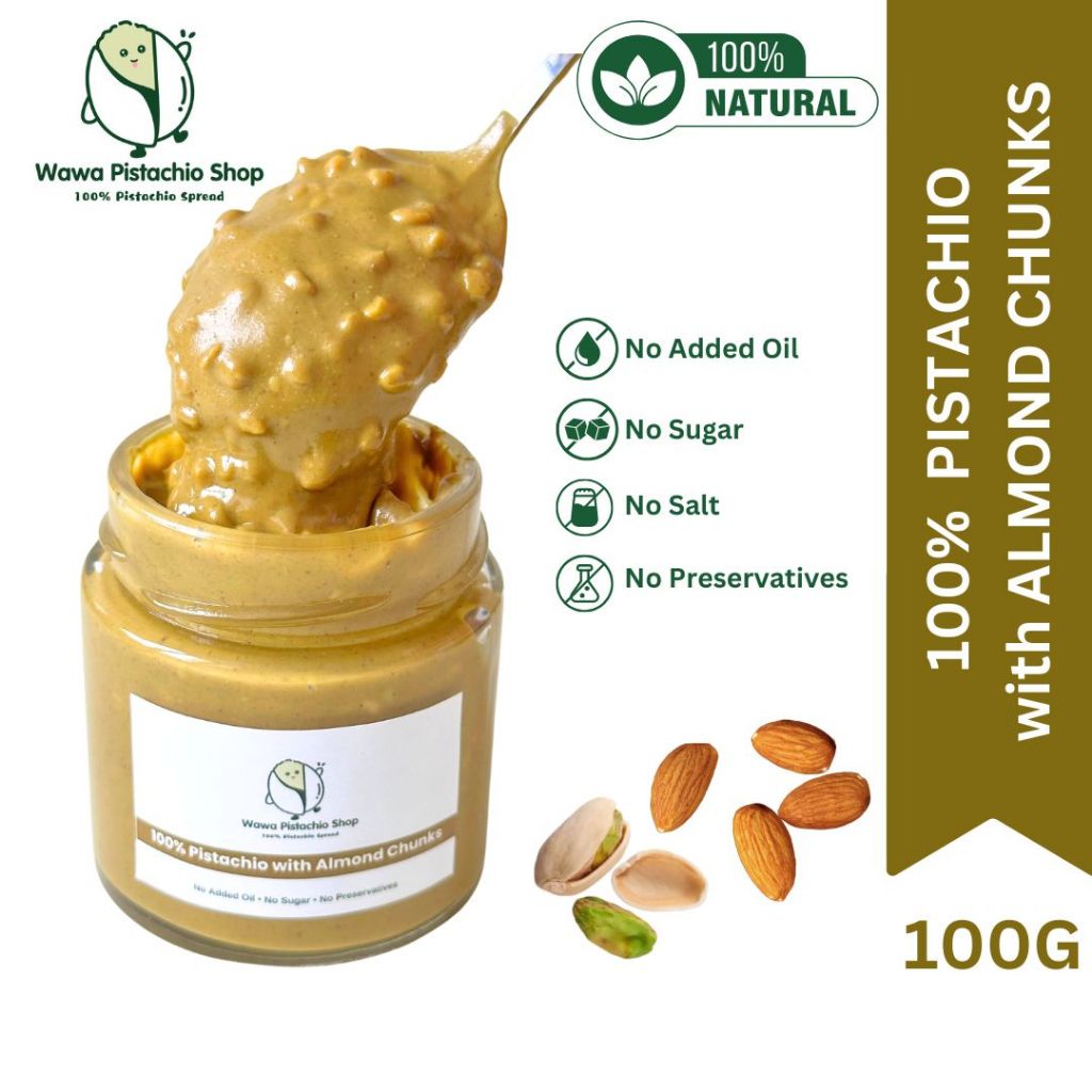 Wawa Handmade 100% Pure Pistachio Spread with Almond Chunks (100g) - No ...