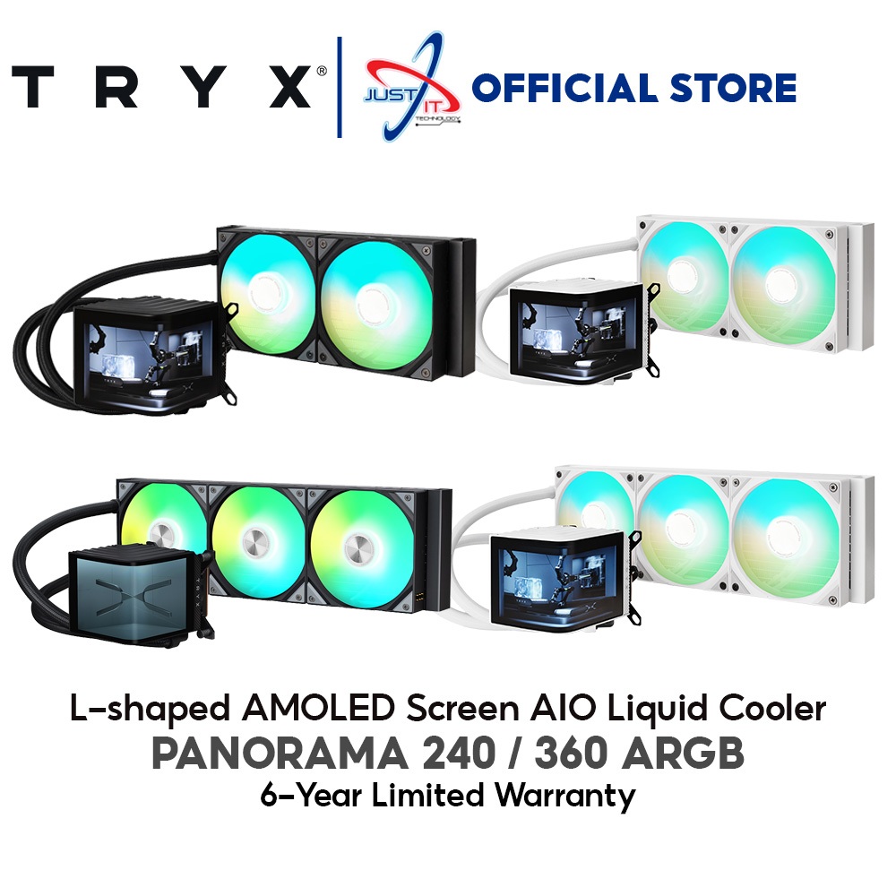 TRYX PANORAMA 240 / 360 ARGB L-SHARPED AMOLED SCREEN AIO LIQUID COOLER ...