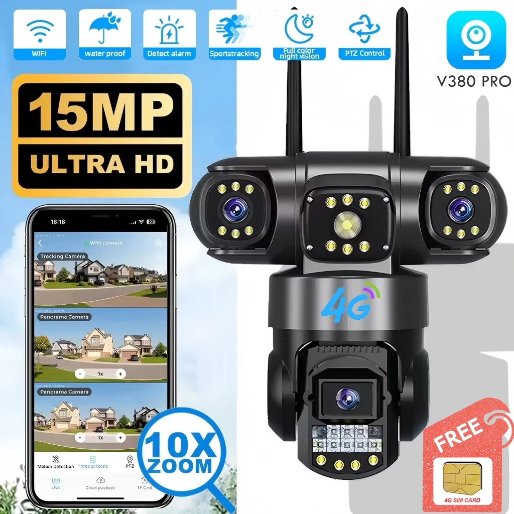 【Free 4G sim card】Three Lens Three Screens PTZ IP Camera Outdoor HD ...