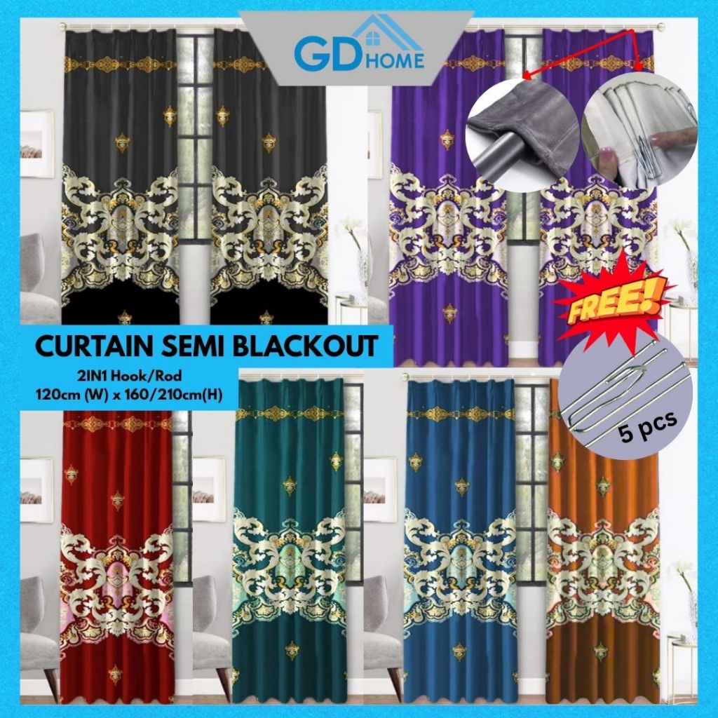 Curtain Langsir Raya Semi Blackout 2in1 Hook & Rod Window Door Curtain ...