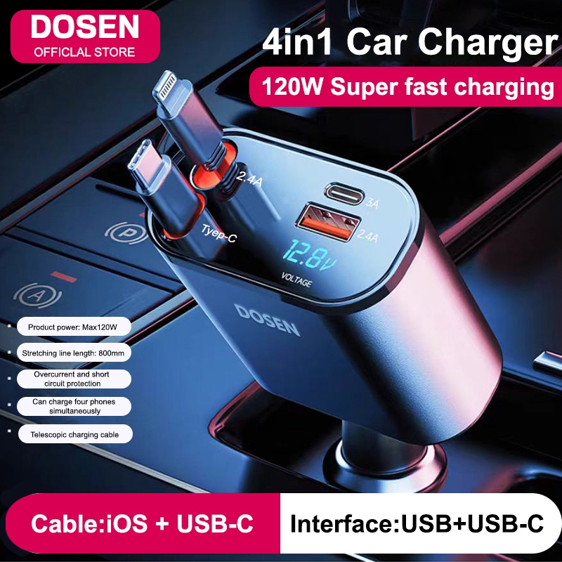 DOSEN Car Charger 4 IN 1 Type-C Charger Adapter Adjustable Angle Fast Charging for Cars (Retractable Mobile Charger)