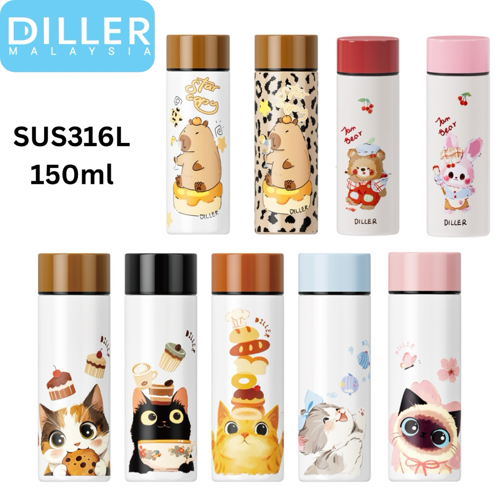 Diller Mini Pocket Size 316L Thermo Bottle Tumbler Kitty Cat Capybara ...