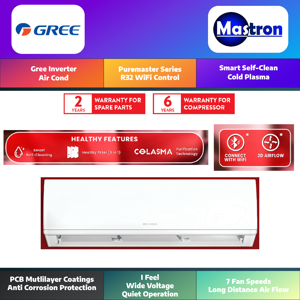 Gree R32 Inverter Puremaster Air Conditioner Aircond Gree 1HP 1.5HP 2HP ...