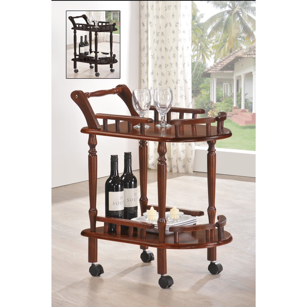 2 Tier Solid Wood Trolley Storage Rack with Wheels / Troli Kayu Beroda ...