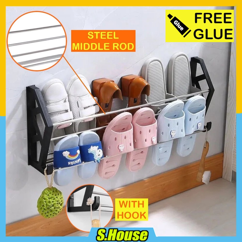 Wall Mount Shoe Rack Shelf Heels Sneakers Sandal Hang Drain Rak Gantung ...